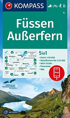 KOMPASS Wanderkarte 4 Füssen, Außerfern 1:50.000: 5in1 Wanderkarte mit Panorama, Aktiv Guide und Detailkarten inklusive Karte zur offline Verwendung ... Fahrradfahren. Skitouren. Langlaufen.