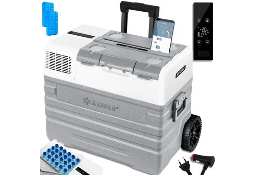 KESSER® Kompressor Kühlbox elektrisch mit APP-Steuerung - Kühlboxen & Kühltaschen: Effiziente Kühlung bis -20 °C, ideal für Auto, Lkw, Boot und Camping, mit USB-Anschluss und Teleskopstange für einfachen Transport.