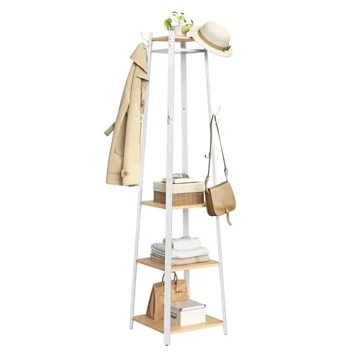 VASAGLE Garderobenständer, Kleiderständer, Garderobe mit 8 Doppelhaken, 4 Ablagen, Kleiderstange, mit Metallrahmen, für Schals, Jacken, Taschen, für Flur, goldeichenfarben-wolkenweiß LCR080W09