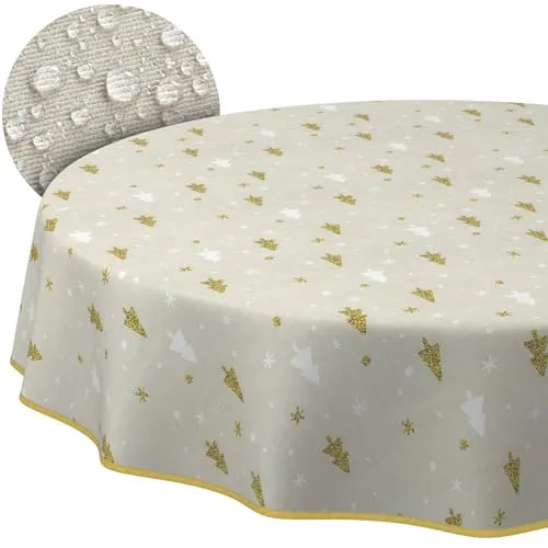 Weihnachtstischdecke Stofftischdecke Tischdecke Weihnachten abwaschbar pflegeleicht Weihnachten Weihnachtsbaum Rund 100cm mit Saum (Eingefasst)