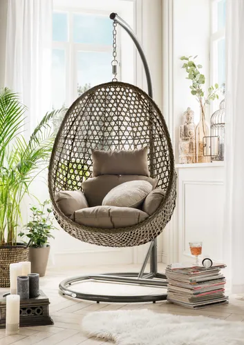 Destiny Hängesessel Cocoon DE Luxe mit Gestell und Kissen - Hängesessel aus Polyrattan in beige-grau, inkl. zwei Kissen für höchsten Komfort – perfekt zum Entspannen im Garten oder auf der Terrasse.