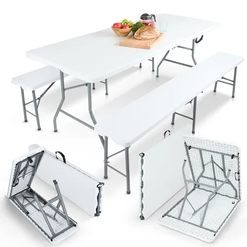 Arebos Bierzeltgarnitur 3-teilig Set Tisch + 2 x Bank - Bänke für drinnen und draußen, klappbar und transportabel mit Tragegriff, ideal für Partys und Veranstaltungen.