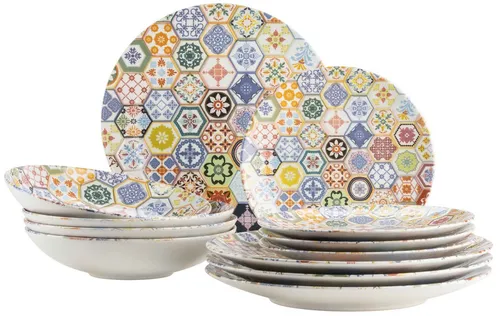 MÄSER Tafelservice 12-tlg. AMARANTE - 12-teiliges Keramikgeschirr-Service, inspiriert von portugiesischer Fliesenkunst, mikrowellen- und spülmaschinengeeignet für langanhaltenden Glanz und Lebensfreude auf Ihrem Tisch.