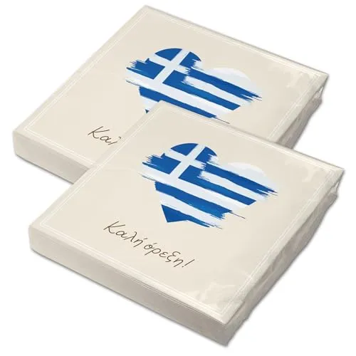 itenga 40x Servietten Griechenland Flagge Herz 30x30 cm 3-lagig – Καλή όρεξη! – passend für griechische Tischdeko