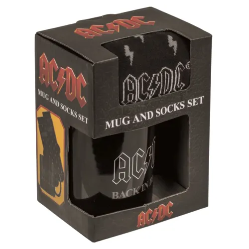 AC/DC Fan Geschenkset Back in Black Kaffeebecher 300 ml Socken 41-45 Geschenkbox