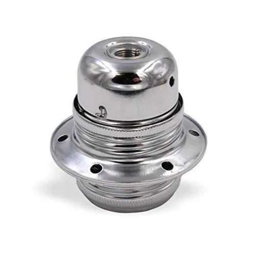Lampenfassung E27, Fassung aus Metall E27 für Lampenkabel mit Außenhewinde Gewindemantel verchromt inkl. Außenhülle, Stein und 2 Gewinderingen für Lampenschirme | Komplett Set verchromt