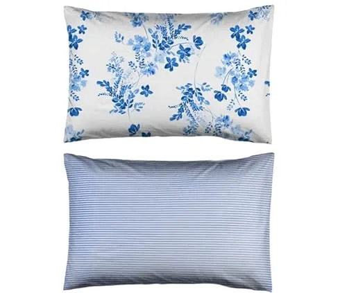 Leruum 80x80 2 er Set Kissenbezug Baumwolle Kopfkissenbezug 80x80 Blau mit Doppelseitig Geblümt Gestreift Kissenbezug (Sevilla Blue)
