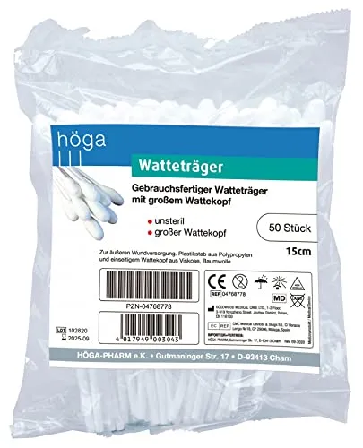 Höga Watteträger mit großem Wattekopf, 15 cm lang (Plastikstab), á 50 Stück, unsteril, 2er Pack (2 x 50 Stück)