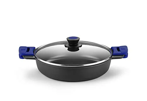 BRA Advanced | Niedriger Kochtopf 28 cm, Aluminiumguss mit Antihaftbeschichtung, verstärkt, PFOA-frei für hervorragende Leistung und Kratz- und Abriebfestigkeit, Induktion in Schwarz und Blau