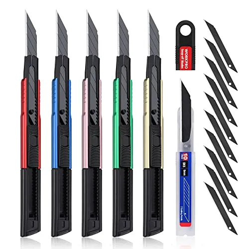 WORKPRO 5 Stück Cuttermesser Set 9mm aus Aluminium mit 10 Abbrechklingen, Cuttermesser Profi Tragbares Einziehbares Universalmesser Teppichmesser, Geschwärzte 30° Klingen extra scharf, Für Heimwerker