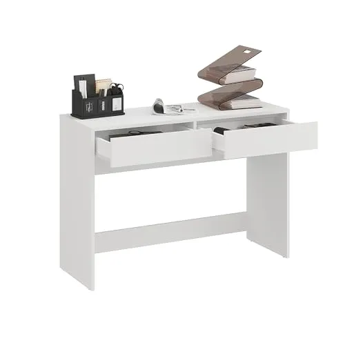 KOMTO Schreibtisch Weiß mit 2 Schubladen – Platzsparender Bürotisch für Home Office & Jugendzimmer - Schreibtisch für Kinder und Erwachsene – bietet praktische Aufbewahrung mit Schubladen und Fächern. Minimalistisches Design, ideal für jeden Raum. Maße: 110 x 40 x 76 cm, stabil und einfach aufzubauen.