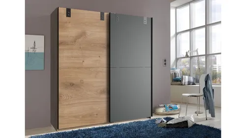 Schwebetürenschrank Cardiff - 180 cm in Plankeneiche und Graphit - Kleiderschränke für Erwachsene mit 2 Schwebetüren, ideal für modernes Schlafzimmer. Mit Kleiderstange und einfacher Montage. Stilvolles Design in Braun und Grau.