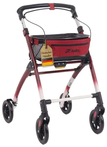 FabaCare Indoor Rollator Jaguar, schmal mit Tablett, Leichtgewicht Wohnungsrollator faltbar, Heimrollator, bis 100 kg, Rot/Weiß