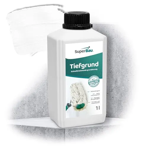 SuperBau Tiefgrund LF Grundierung 1 L (ca.10m²) für Wand & Boden, Tiefengrund Innen & Außen, für Rigips Gipskarton Beton Estrich Putz OSB-Platten, Weiß, Schnelltrocknend, Lösemittelfrei
