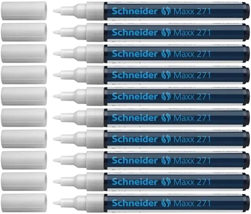 SCHNEIDER Permanentmarker Lackmarker 271 - 1-2mm Weiß - Permanent-Marker für vielseitige Anwendungen, deckt lackartig auf fast allen Oberflächen, wasserfest und lichtbeständig mit einer Strichstärke von 1-2 mm.