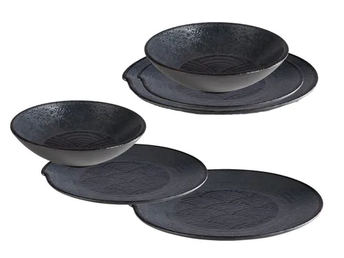 APS Geschirr-Set (6-tlg) für 2 Personen - Camping-Geschirr aus bruchsicherem Melamin, ideal für Picknick und Garten. Spülmaschinenfest und stylish in Schwarz mit Wellen-Dekor.