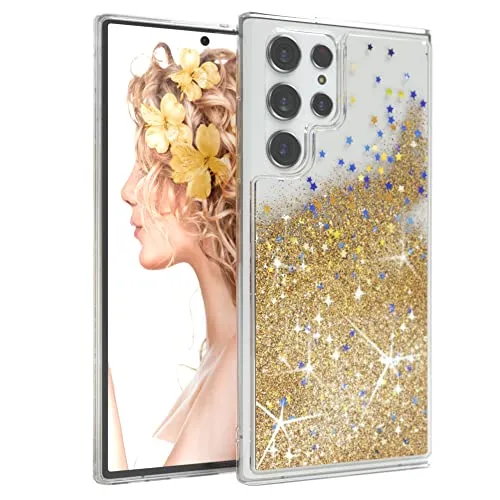 EAZY CASE Hülle kompatibel mit Samsung Galaxy S22 Ultra Schutzhülle mit Flüssig-Glitzer, Handyhülle, Schutzhülle, Back Cover mit Glitter Flüssigkeit, TPU/Silikon, Transparent/Durchsichtig, Gold