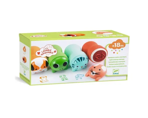 DJECO Stempel Ergonomische Selbstfärbestempel für Kleinkinder ab 18 Monaten, 4 Stück