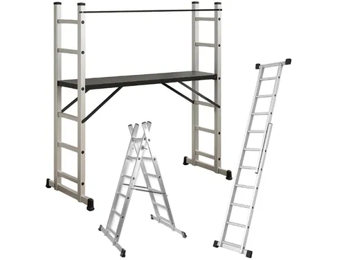 WALTER Vielzweckleiter 3-in-1 Aluminiumleitergerüst - Vielseitiges Aluminiumleitergerüst für Innen- und Außenbereiche. Sicheres Arbeiten dank rutschfester Plattform und stabilen Streben. Leicht zu transportieren und schnell umkonfigurierbar für verschiedene Einsatzmöglichkeiten.