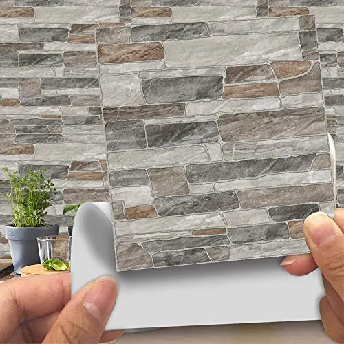 Hiser 20 Stück Küchenrückwand Fliesenaufkleber, Kunstleder 3D Steinimitat Backstein-Stil Wasserdicht Ölfest Stickerfliesen Deko Selbstklebende für Küche Badezimmer Wohnzimmer Dekoration (LA019,20cm)