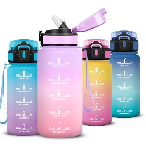Trinkflasche 500ml Auslaufsichere, Trinkflasche Kinder mit Zeitmarkierung und Schnürung, Wasserflasche mit Strohhalm, Flasche mit Sichere Verriegelung, Flasche für Sport, Kinder, Yoga, Schule