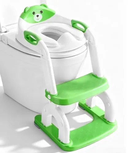 2-in-1 Toilettensitz Kinder mit Treppe, Upgraded WC Aufsatz für Kinder für Jungen und Mädchen, Toilettentrainer mit Treppe, Höhenverstellbar Bequemer Sicherer Toilettensitze (Grün Drei Treppe)