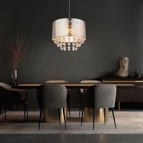 Kristall Hänge Leuchte Textil Pendel - Elegante Deckenlampe in Silber - Lampen - Stilvolle Hängeleuchte mit glänzendem Silber und Kristallen, ideal für ein angenehmes Lichtspiel in Ihrem Wohnraum. Höhenverstellbar und modern gestaltet.