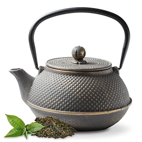 Tealøv TEEKANNE GUSSEISEN 800 ML | Gusseiserne Teekanne Im Japanischen Stil | Teekanne Guss mit Sieb aus Edelstahl | Hervorragende Wärmespeicherfähigkeit | Robust | Langlebig | Arare | Gold