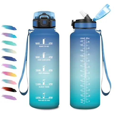 Trinkflasche Sport 1.5L, Auslaufsicher Wasserflasche mit Zeitmarkierung, Flasche mit Strohhalm, Trinkflasche Auslaufsicher, Sportflasche für Laufen, Fitnessstudio, Schule, Bergsteigen, Wandern
