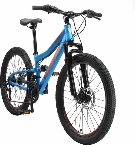 BIKESTAR Kinder Fully Mountainbike 24 Zoll - Vollgefedertes Mountainbike für Kinder ab 9 Jahren mit 21 Gang Shimano Schaltung und stabilen Scheibenbremsen für optimale Kontrolle und Fahrspaß im Gelände.