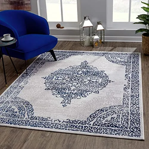 SANAT Evra Teppich für das Wohnzimmer - Kurzflorteppich mit traditionellem Design - geeignet für Wohnzimmer, Flure, Korridore, Esszimmer, Schlafzimmer und Küche - Grau Blau, 120 x 160 cm