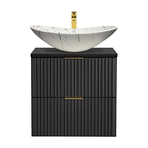 Lomadox Badezimmer Waschtisch 61 cm, matt schwarz mit Keramik-Waschbecken - Eleganter Badezimmerwaschtisch in matt schwarz mit Rillenoptik und Soft Close-Funktion. Inklusive hochwertigem, marmoriertem Keramik-Waschbecken für stilvolle Akzente.