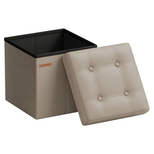 SONGMICS Sitzhocker 38 cm, faltbar, mit Deckel, PVC-Leder | Aufbewahrungsbox, Fußhocker, bis 300 kg belastbar, für Eingang, Kamelbraun und Tintenschwarz, Minota Kollektion LSF030K13