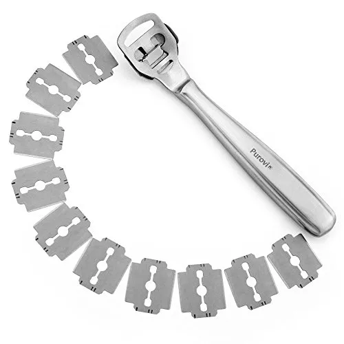 Purovi® Hornhauthobel aus Edelstahl Hornhautentferner mit 10 Klingen Profi Gerät