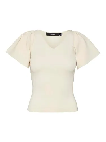 VERO MODA Damen Rüschen T-Shirt VMGINNY, Beige, Größe XL - T-Shirts für Damen mit elegantem V-Neck und voluminösen Ärmeln, perfekt für jeden Anlass und ganzjährig tragbar. Ein Must-Have für einen gemütlichen Look!