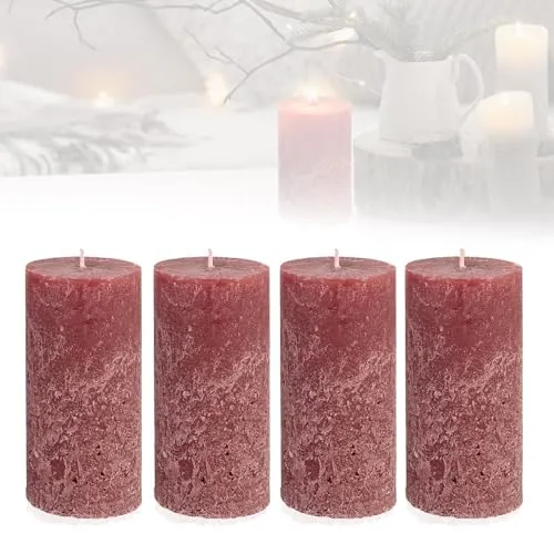 Smart-Planet 4er Set Kerzen Ambiente Rustic Stumpenkerzen - Bordeaux - große Rustik Kerze 12cm - lange Brenndauer ca. 54 Std Weihnachtskerzen Adventskranz