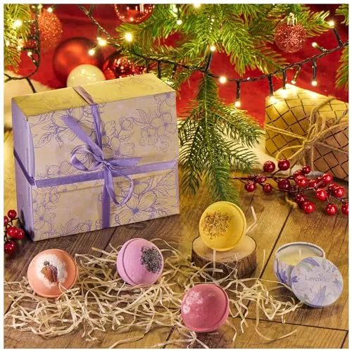 Robin Goods® 5-teiliges Badekugeln-Set - Sojawachskerze - Badebomben zum Entspannen - Geschenkset für Muttertag, Valentinstag und Geburtstag (4 Stück - mit Duftkerze)