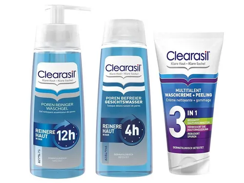 Clearasil Gesichtreinigungs-Set Clearasil Waschgel 200 ml + Gesichtswasser 200 ml + Peeling 150 ml, 3-tlg., Gesichtreinigungs-Set