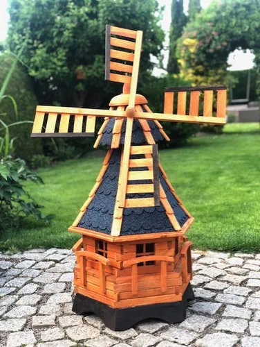 DARLUX Sechseck Garten-Windmühle XL aus Holz kugelgelagert Braun/Blau H-95 cm