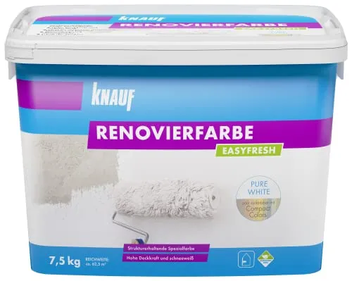 Knauf EASYFRESH Renovierfarbe – Hochdeckende Innenfarbe in Schnee-Weiß, 7,5 kg - VOC-konforme Wandfarbe für ein gesundes Wohnklima, ideal für verschiedene Innenflächen. Ergiebig und atmungsaktiv, perfekt für alle Wohnräume.