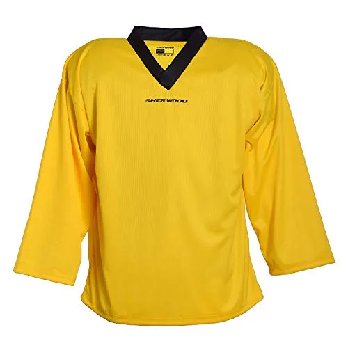 SHER-WOOD Eishockey Trainingstrikot für Erwachsene – Gelb, Gr. L - Hochwertiges Eishockey-Trainingstrikot aus schnelltrocknendem Mesh-Stoff. Klassisches V-Neck-Design mit Sherwood Logo, ideal für intensives Training. Erhältlich in 4 Größen und 6 Farben.