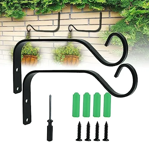 LANSKYLAN 2 Stück Pflanzenhalterung Wandhalter Blumenampel Halterung Haken 18.5cm Blumenampelhalter Schwarz Balkon Wandhaken Hängend Wandhalterung Metallhaken für Blumenkorb Vogelhäuschen Laterne