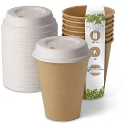 BIOZOYG 50 Stück Kaffeebecher mit passenden Pappdeckeln 250ml / 10oz Einwegbecher Pappbecher Kaffeetassen ungebleicht kompostierbar nachhaltig