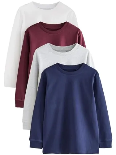 NEXT Jungen Einfarbig 4 x Langarmshirts Berry Red/Grey/White/Blue 128