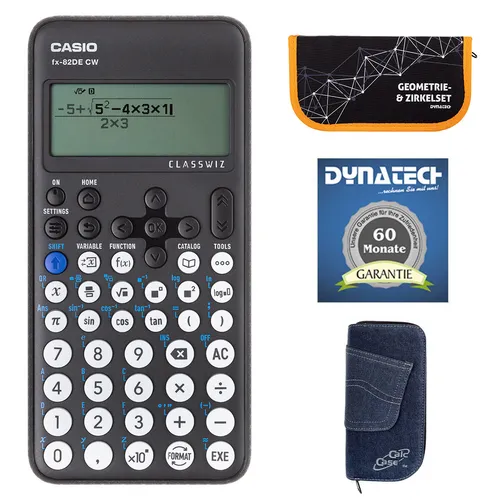 Casio FX-82 DE CW mit Jeans-Tasche dkl-blau, Zirkelset orange, Garantieverläng.
