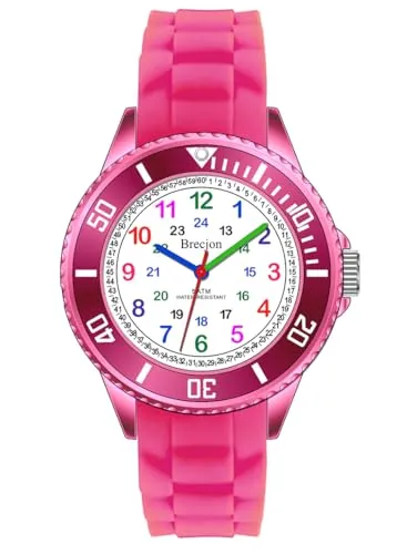 Brecjon Kinder Armbanduhr Jungen Mädchen Lernuhr Silikonuhr Kids 5ATM wasserdicht Silikonarmband rosa 2401
