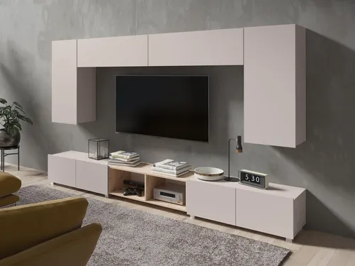 Moderne Wohnwand CALABRINI-23 für Ihr Wohnzimmer - Die CALABRINI-23 Wohnwand vereint modernes Design mit Funktionalität. Ideal für jedes Interieur, bietet sie ausreichend Stauraum und stilvolle Akzente in Kaschmir und Artisan Eiche.