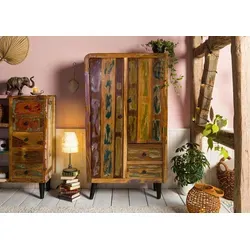 Massivmoebel24 Highboard Altholz SIXTIES #109 - Hochwertiges Highboard aus massivem Altholz (90x40x160), mehrfarbig lackiert im Vintagestil mit einzigartigen Farbrückständen und Eisendetails – ein stylisches Einzelstück für Ihr Zuhause.