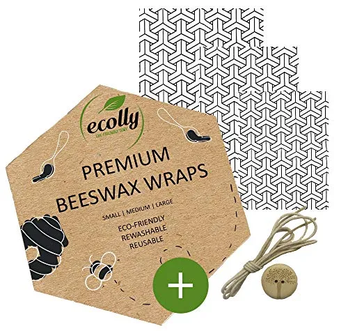 ecolly Bienenwachstücher 3er-Set (S, M, L), Bienenwachspapier, Beeswax Wrap, Plastikfrei & wiederverwendbar, OHNE Jojobaöl, inklusive Knopf & Baumwollfaden - Shoji Kumiko