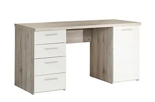 FORTE Beach Schreibtisch mit 1 Tür und 4 Schubladen, Holzwerkstoff, Sandeiche / Weiß, 60 x 145 x 76,3 cm